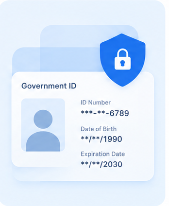 Government ID card with masked ID number and dates behind a lock shield