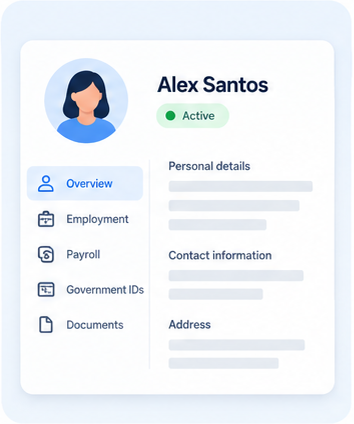 Employee record overview with personal details, contact information, and address