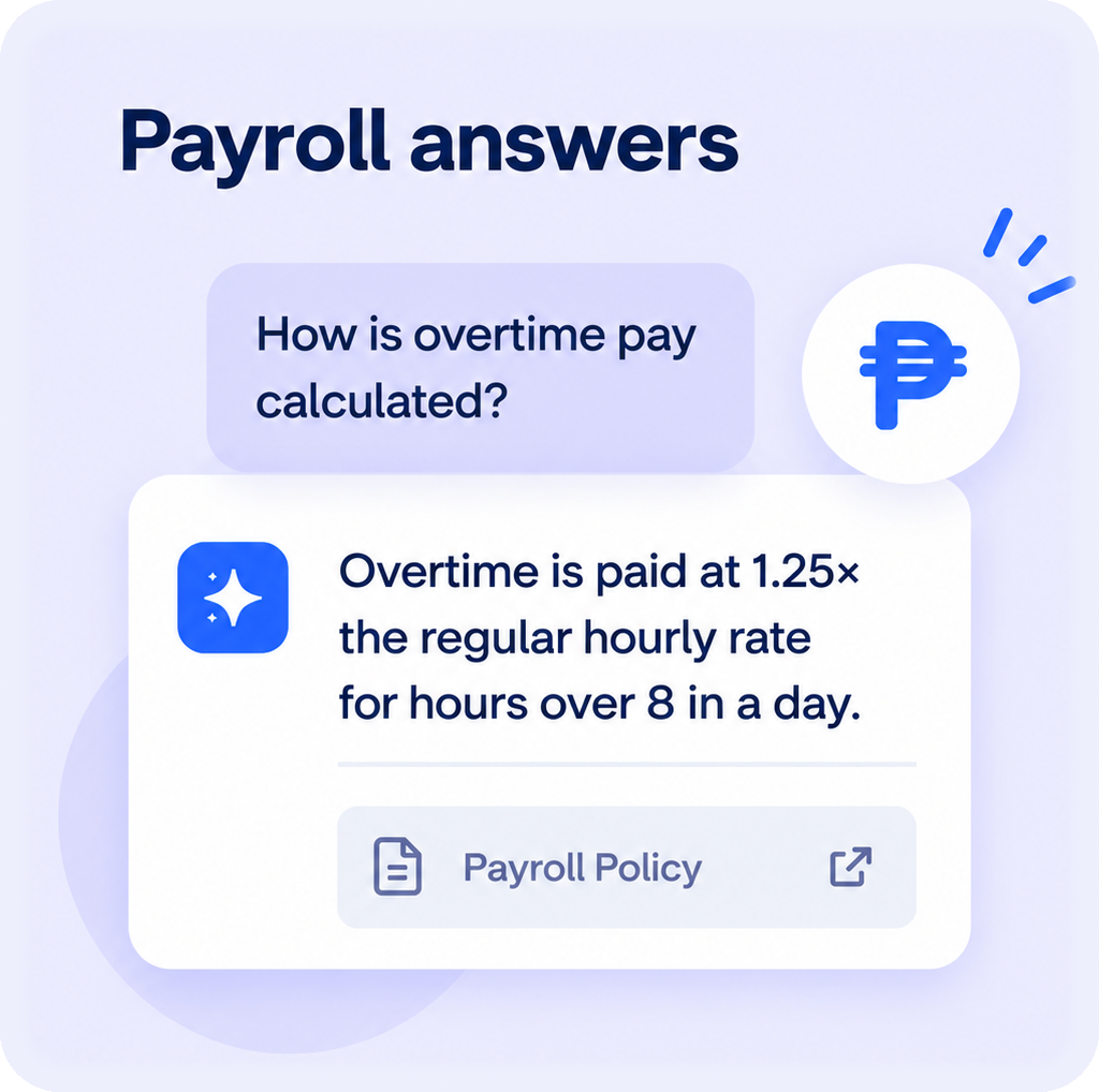 Chat answer explaining overtime is paid at 1.25 times the regular hourly rate, citing the payroll policy