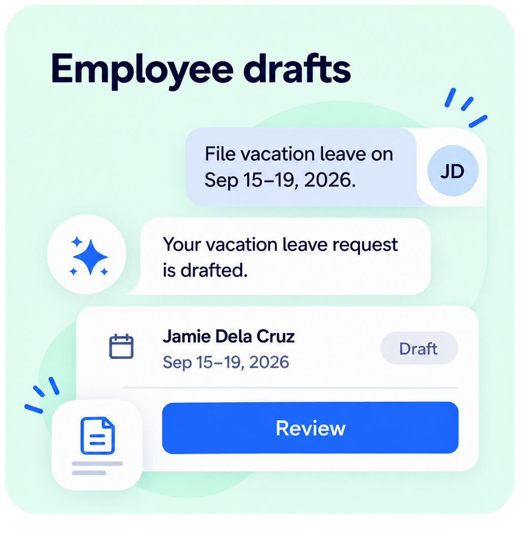 Vacation leave request drafted from a chat message, waiting for the employee to review