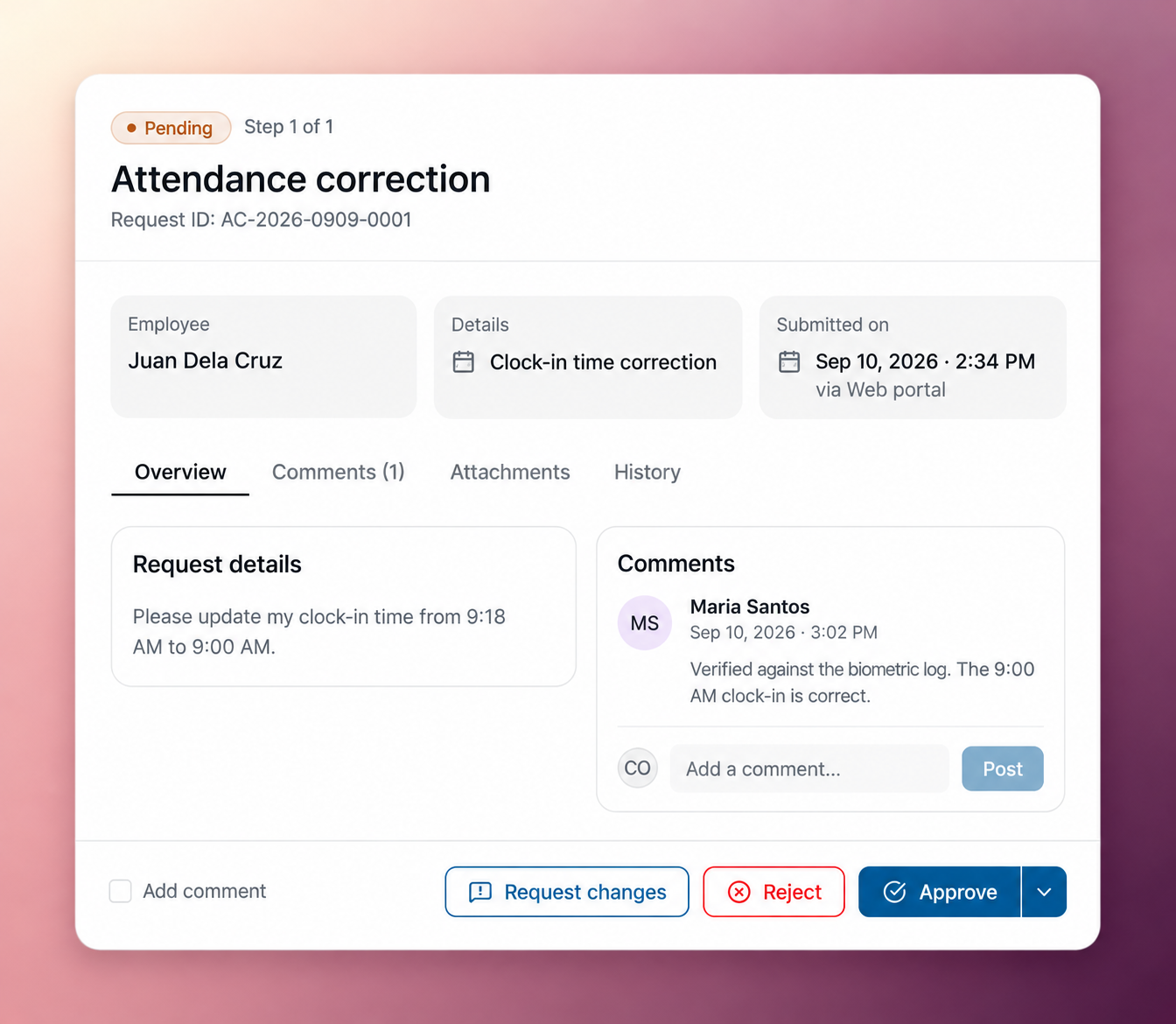 Attendance correction request with reviewer comment and approve, reject, or request changes actions
