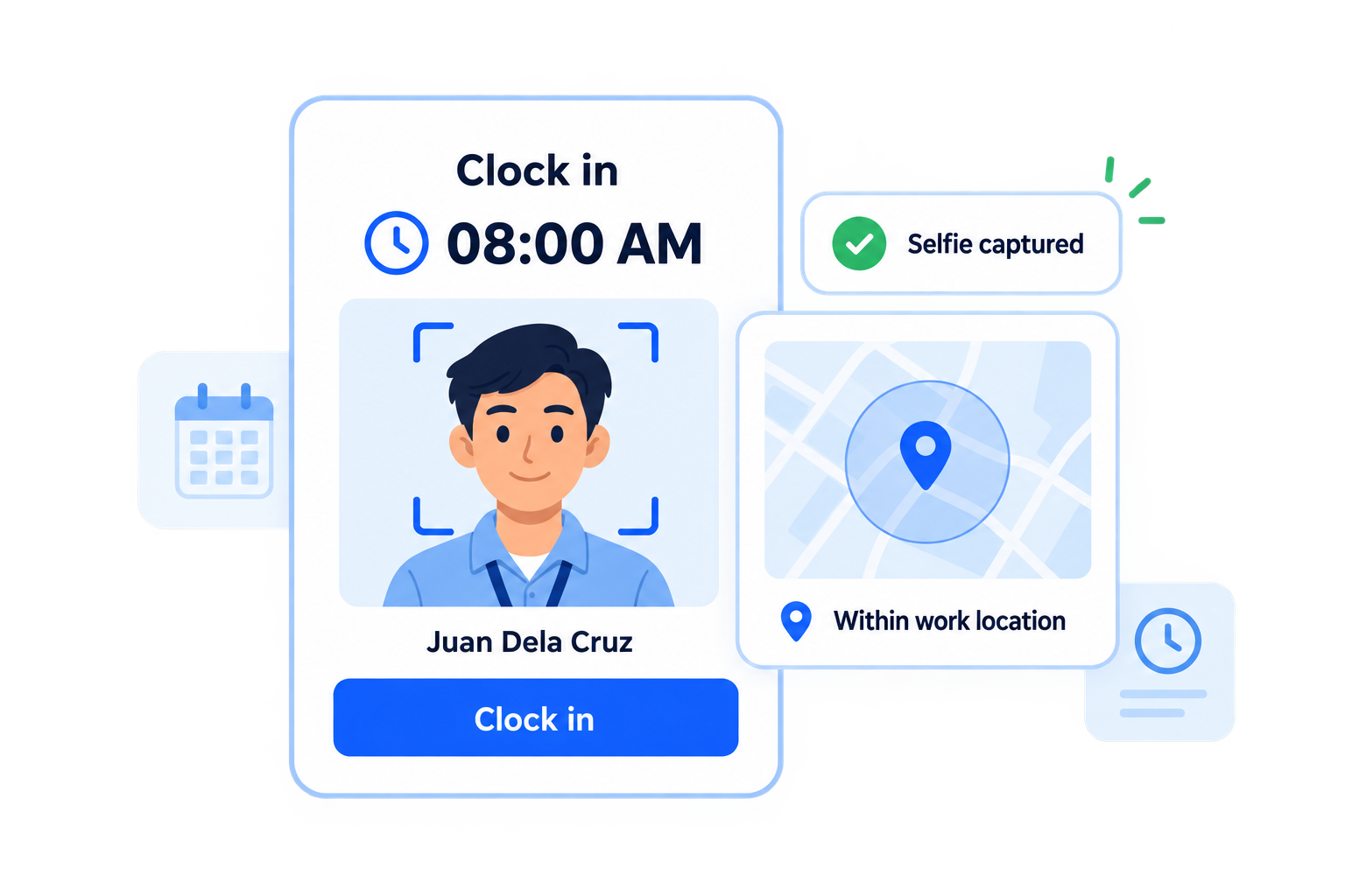 Clock-in screen with selfie capture and a within-work-location check