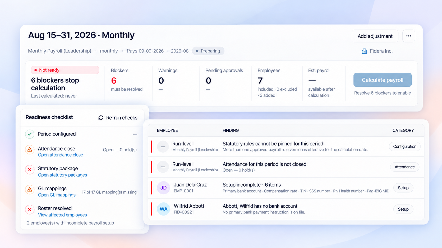 Payroll pay period screen showing blockers, findings, and a readiness checklist before calculation